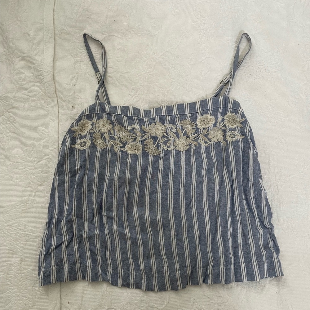 Hollister Blue and White Striped Camisole with Floral Embroidery